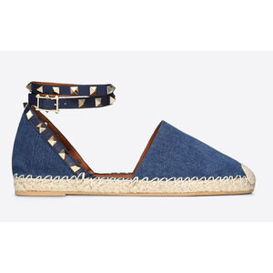 Valentino Rockstud Blue Denim Jean Wrap Around Ankle Strap Espadrille Flat 37